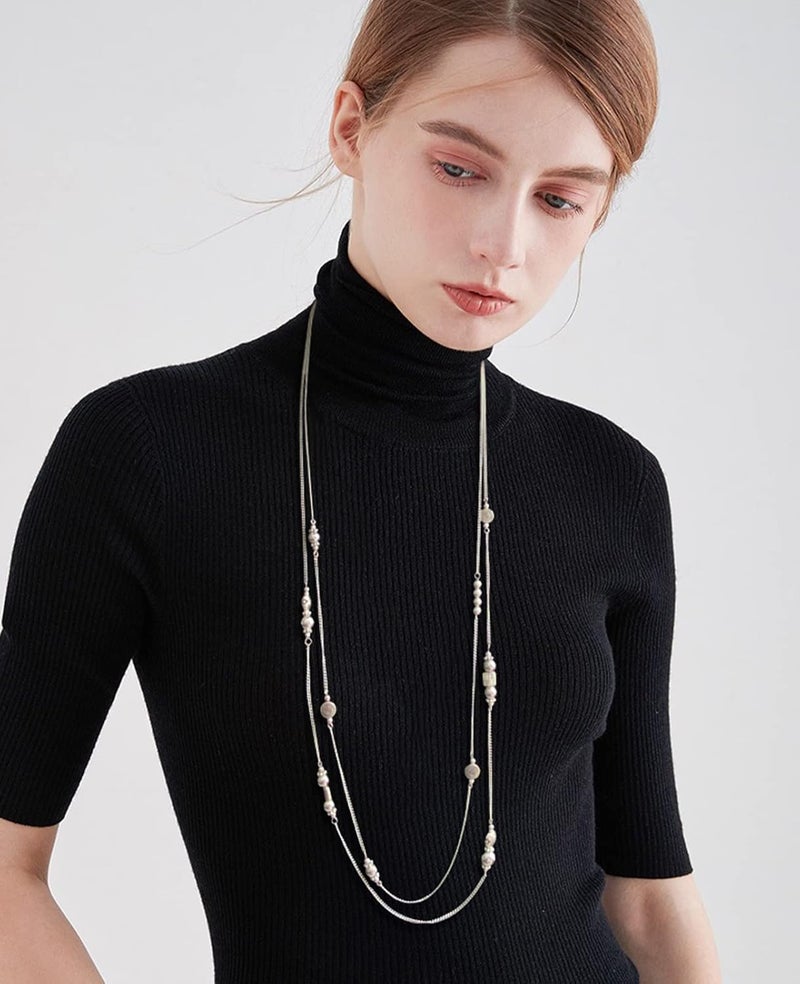 BULINLIN Layered Silver Long Necklace for Women Turquoise Stone Beaded Strand Sweater Chain Necklaces Fashion Costume Jewelry Gifts for Mom - Image 2